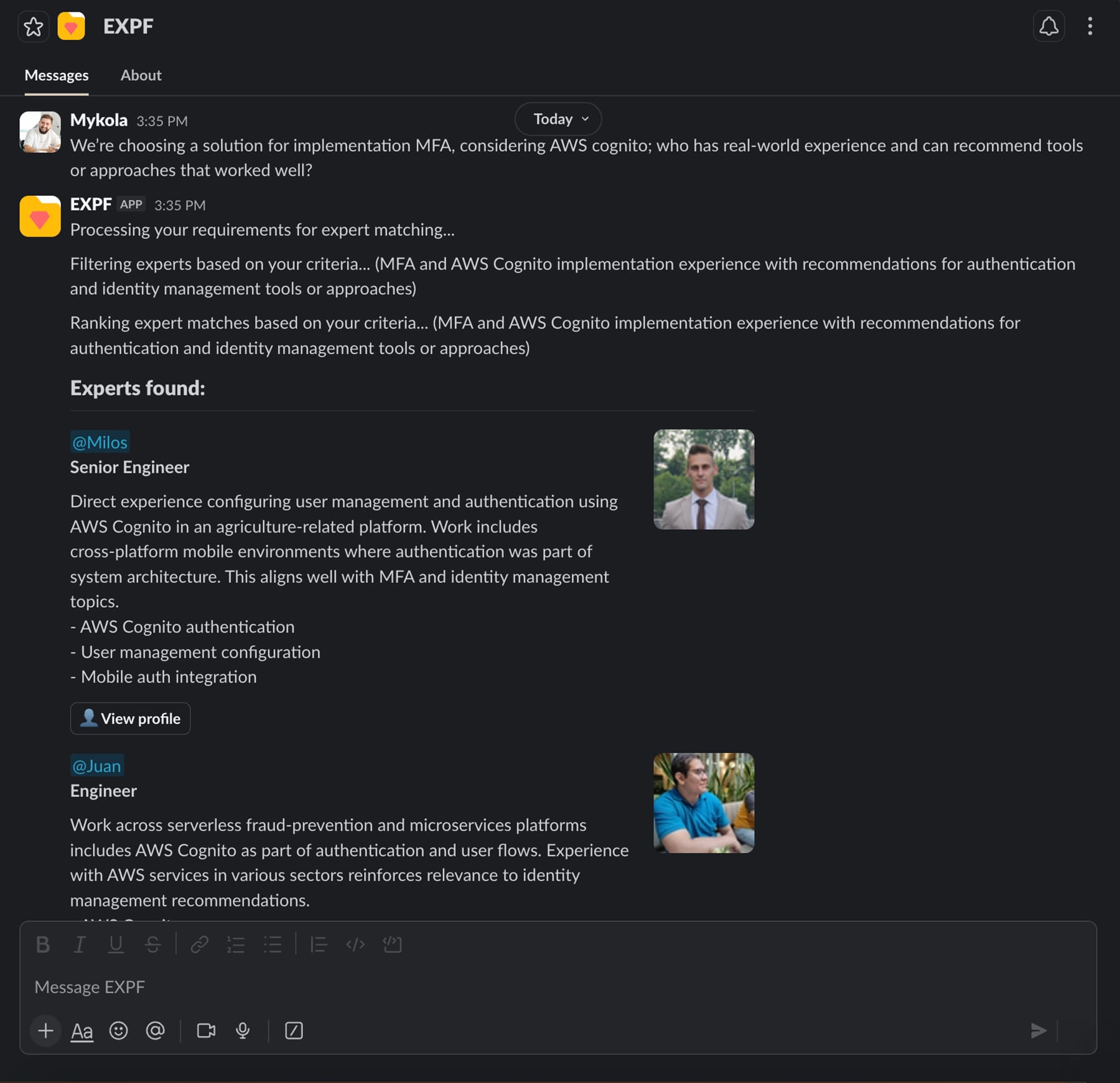 Newfire ExpertFinder Slack interface