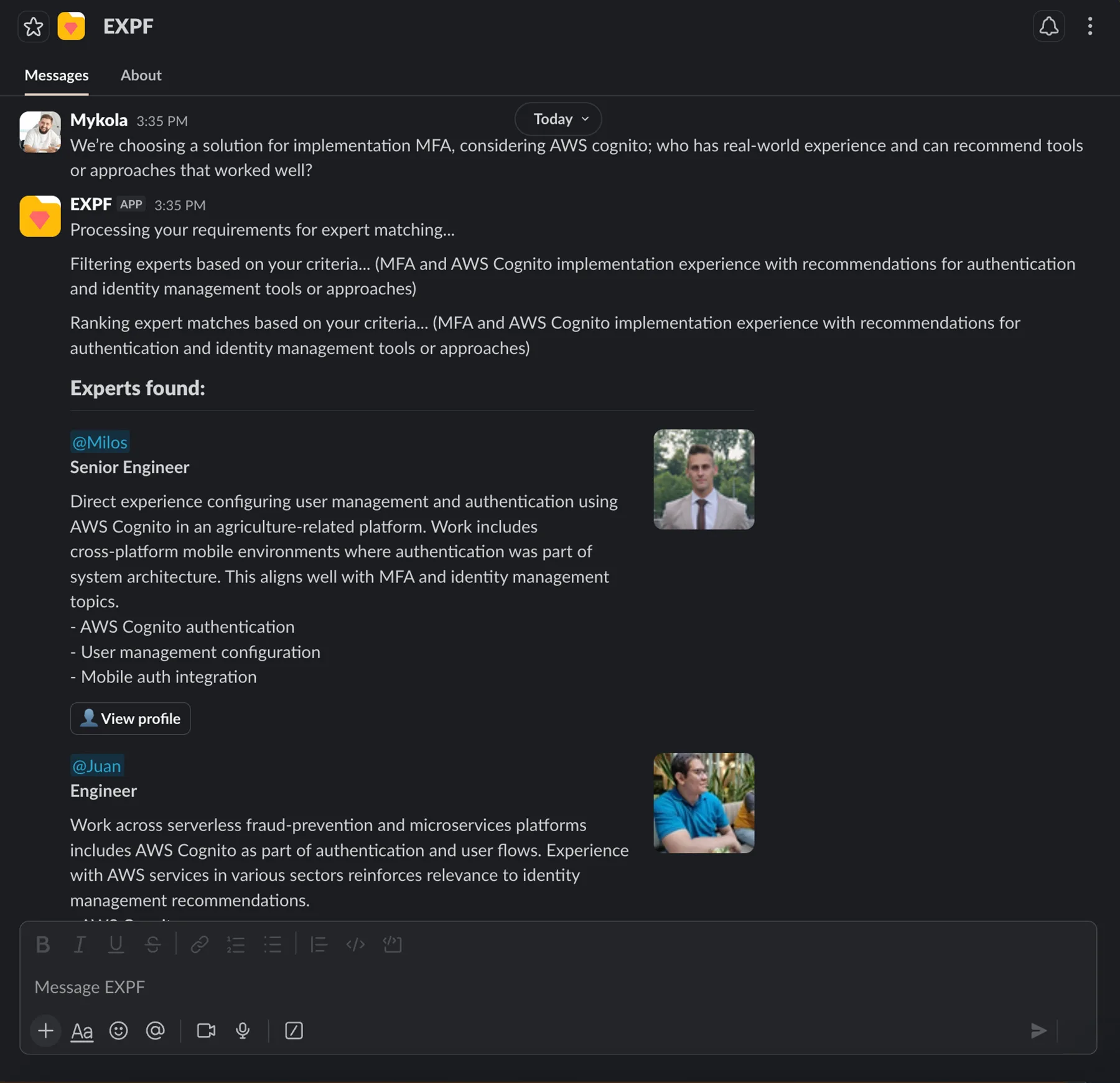 Newfire ExpertFinder Slack interface